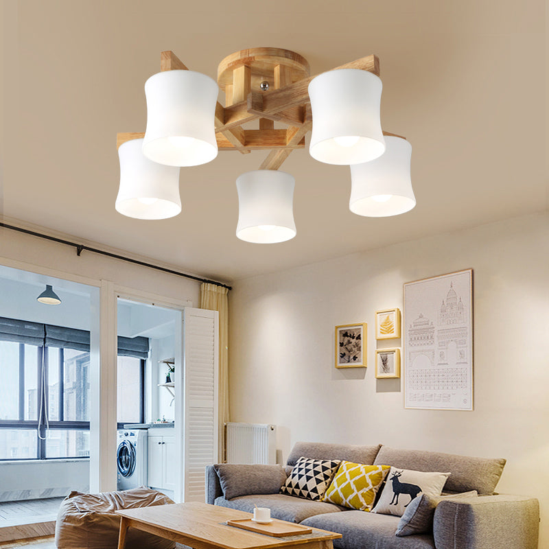 White Glass Shaded Semi Flush Mount Japanese Close To Ceiling Chandelier with Wooden Canopy Clearhalo 'Ceiling Lights' 'Close To Ceiling Lights' 'Close to ceiling' 'Glass shade' 'Glass' 'Semi-flushmount' Lighting' 2235981