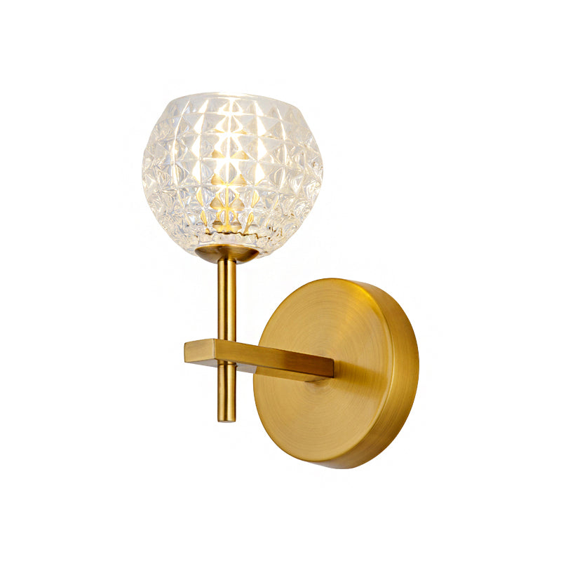 1/2-Light Wall Sconce Modern Orb Clear Grid Glass Sconce Light with Clean-Lined Arm in Gold for Hallway Clearhalo 'Wall Lamps & Sconces' 'Wall Lights' Lighting' 223600