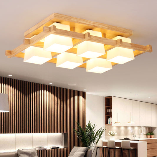 Cream Glass Geometrical Flush Mount Japanese Style Wood Flush Mount Lighting Fixture 6 Wood Clearhalo 'Ceiling Lights' 'Close To Ceiling Lights' 'Close to ceiling' 'Flush mount' Lighting' 2236003