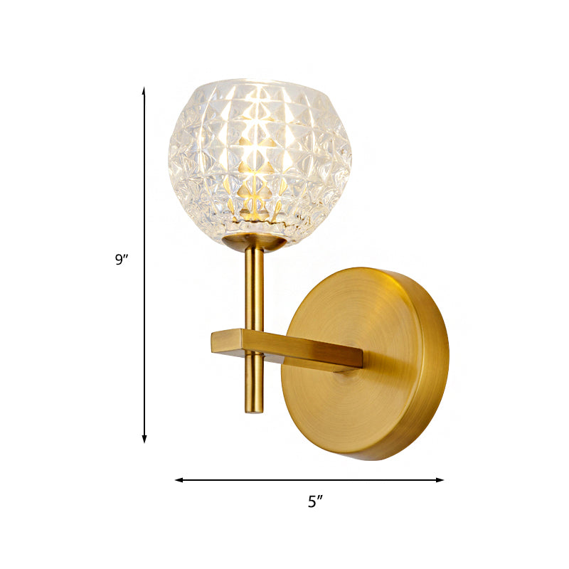 1/2-Light Wall Sconce Modern Orb Clear Grid Glass Sconce Light with Clean-Lined Arm in Gold for Hallway Clearhalo 'Wall Lamps & Sconces' 'Wall Lights' Lighting' 223601