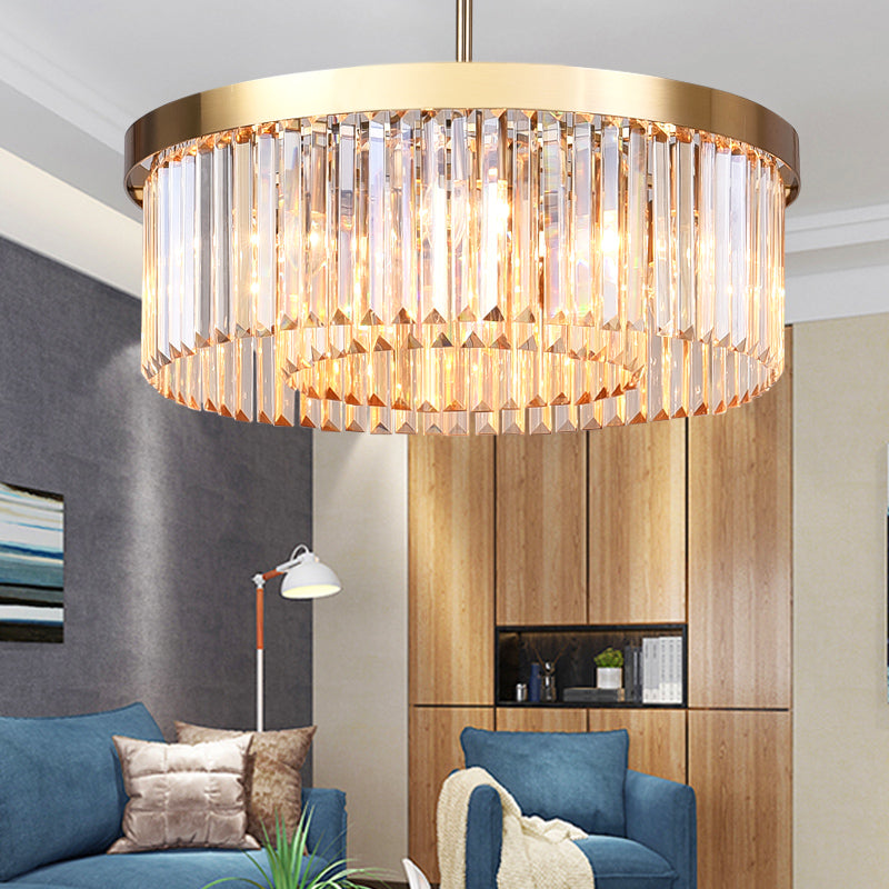 Modern Drum Chandelier Light Fixture Tri-Sided Glass Rod 6/12 Lights Living Room Hanging Light, 23.5"/31.5" Wide Clearhalo 'Ceiling Lights' 'Chandeliers' 'Modern Chandeliers' 'Modern' Lighting' 223603