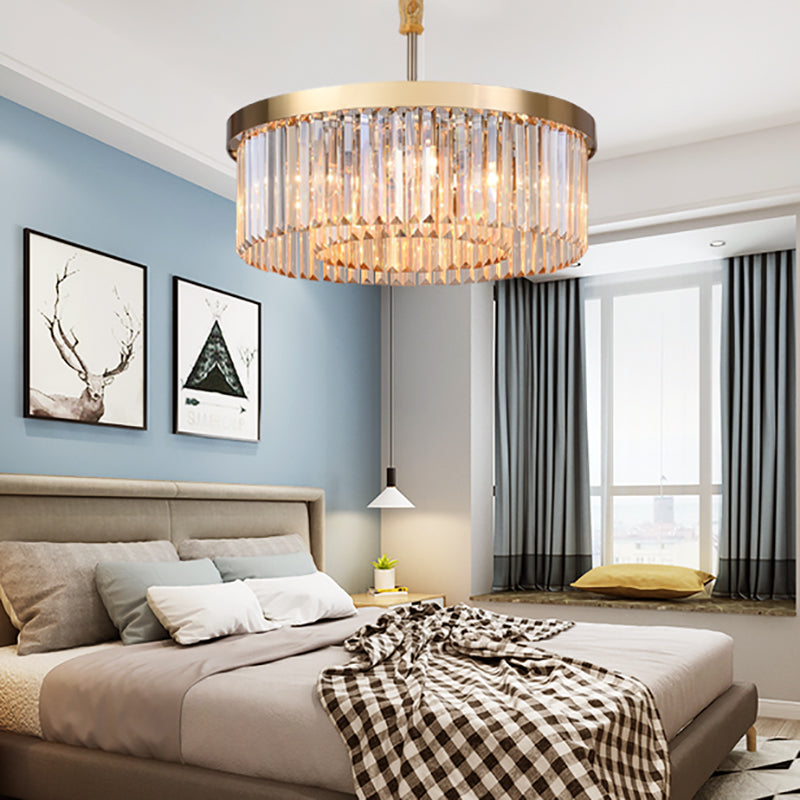 Modern Drum Chandelier Light Fixture Tri-Sided Glass Rod 6/12 Lights Living Room Hanging Light, 23.5"/31.5" Wide Brass 23.5" Clearhalo 'Ceiling Lights' 'Chandeliers' 'Modern Chandeliers' 'Modern' Lighting' 223604