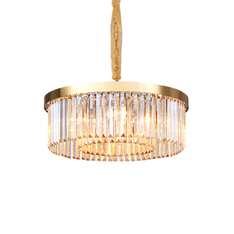 Modern Drum Chandelier Light Fixture Tri-Sided Glass Rod 6/12 Lights Living Room Hanging Light, 23.5"/31.5" Wide Clearhalo 'Ceiling Lights' 'Chandeliers' 'Modern Chandeliers' 'Modern' Lighting' 223605