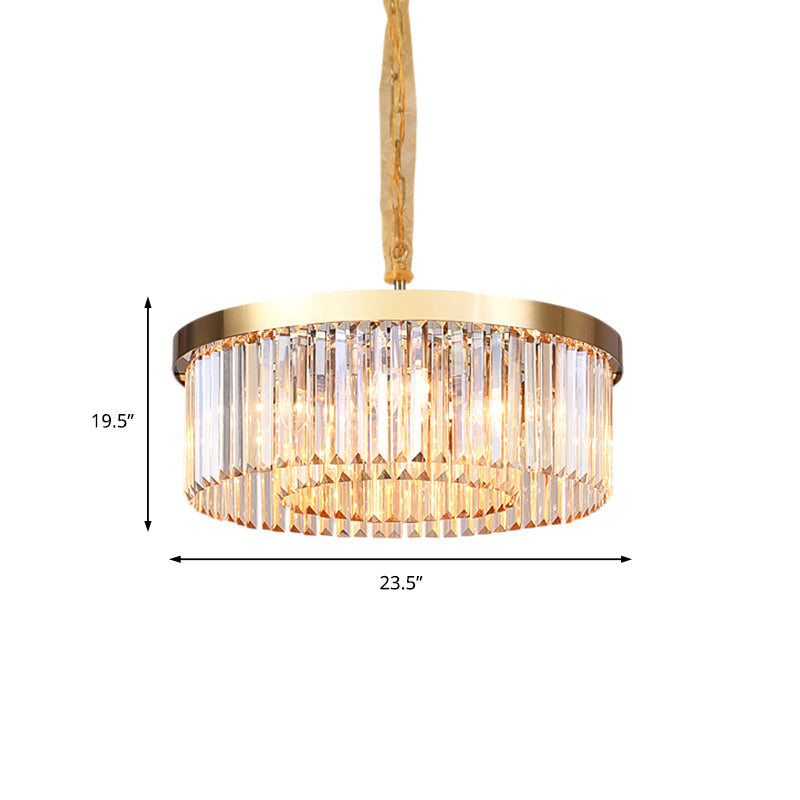 Modern Drum Chandelier Light Fixture Tri-Sided Glass Rod 6/12 Lights Living Room Hanging Light, 23.5"/31.5" Wide Clearhalo 'Ceiling Lights' 'Chandeliers' 'Modern Chandeliers' 'Modern' Lighting' 223606