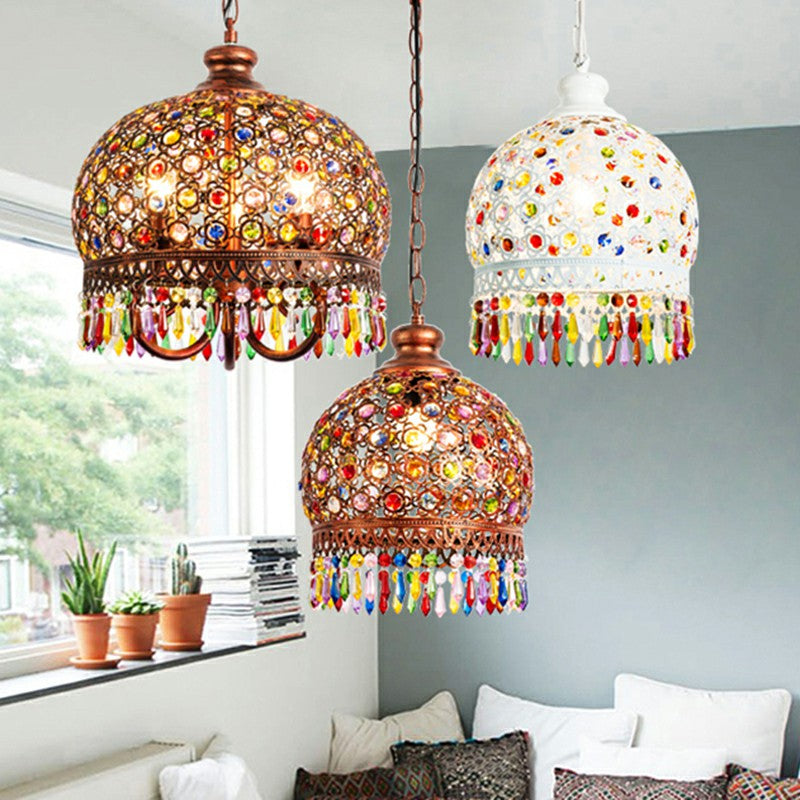 Bohemian Dome Ceiling Light 3 Bulbs Iron Hanging Pendant Light with Crystal Draping for Living Room Clearhalo 'Ceiling Lights' 'Pendant Lights' 'Pendants' Lighting' 2236065