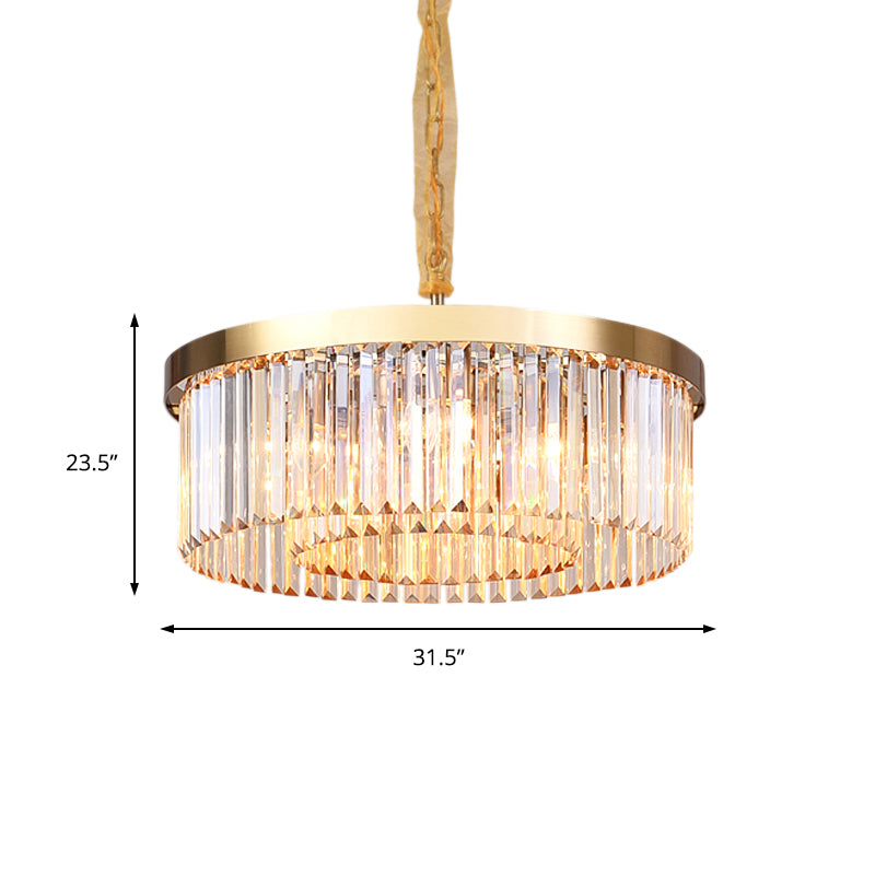 Modern Drum Chandelier Light Fixture Tri-Sided Glass Rod 6/12 Lights Living Room Hanging Light, 23.5"/31.5" Wide Clearhalo 'Ceiling Lights' 'Chandeliers' 'Modern Chandeliers' 'Modern' Lighting' 223607