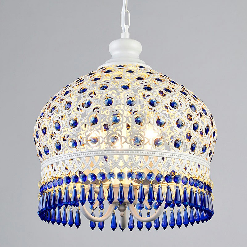 3 Heads Pendant Light Vintage Dome Iron Suspension Light Fixture with Crystal Accent Blue-White Clearhalo 'Ceiling Lights' 'Pendant Lights' 'Pendants' Lighting' 2236074_fdbd6bca-202e-40e9-ac1a-69b013739117