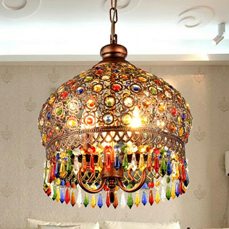 3 Heads Pendant Light Vintage Dome Iron Suspension Light Fixture with Crystal Accent Clearhalo 'Ceiling Lights' 'Pendant Lights' 'Pendants' Lighting' 2236077