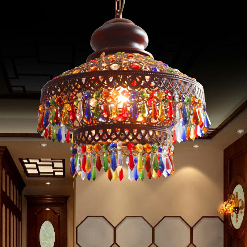 Shaded Colored Crystal Suspension Light Bohemian Restaurant Pendant Light Fixture in Copper Clearhalo 'Ceiling Lights' 'Pendant Lights' 'Pendants' Lighting' 2236082