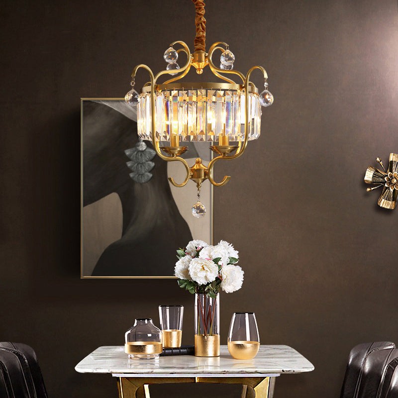 Brass Lantern Chandelier Lamp Modernism 4 Lights Three Side Crystal Rod Hanging Light Clearhalo 'Ceiling Lights' 'Chandeliers' 'Modern Chandeliers' 'Modern' Lighting' 223610