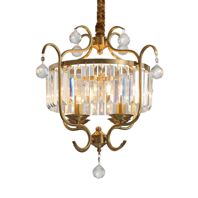 Brass Lantern Chandelier Lamp Modernism 4 Lights Three Side Crystal Rod Hanging Light Clearhalo 'Ceiling Lights' 'Chandeliers' 'Modern Chandeliers' 'Modern' Lighting' 223611