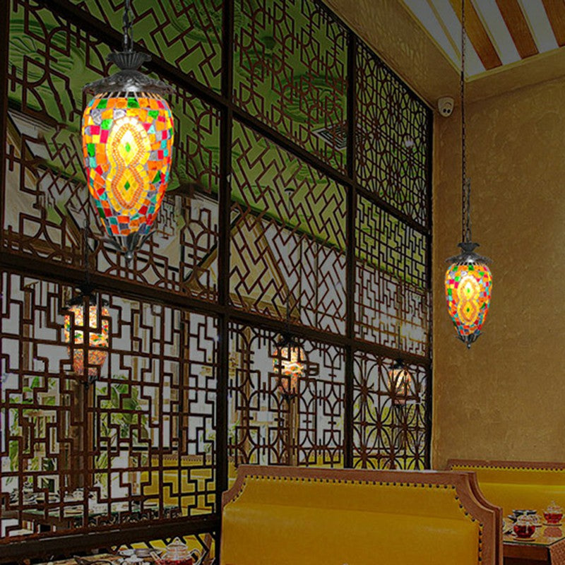 Single-Bulb Hanging Light Retro Style Mosaic Stained Glass Ceiling Lighting for Bar Yellow Clearhalo 'Ceiling Lights' 'Glass shade' 'Glass' 'Pendant Lights' 'Pendants' Lighting' 2236111