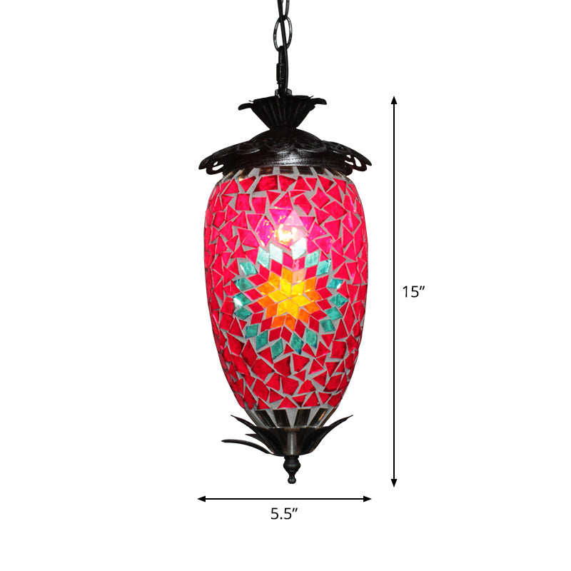 Single-Bulb Hanging Light Retro Style Mosaic Stained Glass Ceiling Lighting for Bar Rose Red Clearhalo 'Ceiling Lights' 'Glass shade' 'Glass' 'Pendant Lights' 'Pendants' Lighting' 2236115