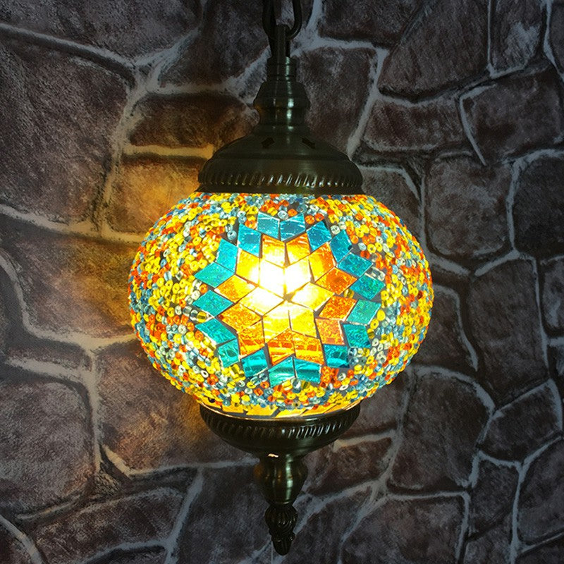 Oblate Stained Glass Ceiling Light Classic 1��Bulb Restaurant Hanging Pendant Light Yellow Clearhalo 'Ceiling Lights' 'Close To Ceiling Lights' 'Glass shade' 'Glass' 'Pendant Lights' 'Pendants' Lighting' 2236141
