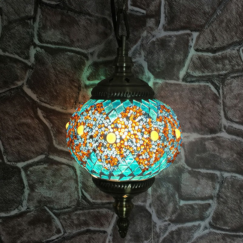 Oblate Stained Glass Ceiling Light Classic 1��Bulb Restaurant Hanging Pendant Light Light Blue Clearhalo 'Ceiling Lights' 'Close To Ceiling Lights' 'Glass shade' 'Glass' 'Pendant Lights' 'Pendants' Lighting' 2236146