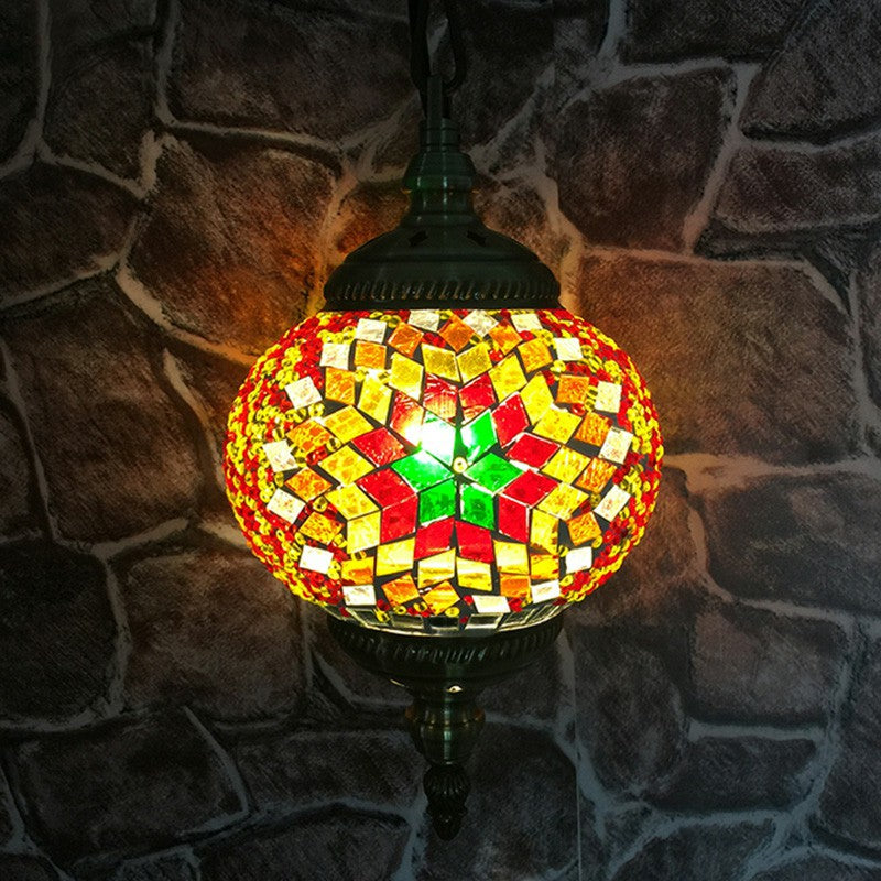 Oblate Stained Glass Ceiling Light Classic 1��Bulb Restaurant Hanging Pendant Light Red-Yellow Clearhalo 'Ceiling Lights' 'Close To Ceiling Lights' 'Glass shade' 'Glass' 'Pendant Lights' 'Pendants' Lighting' 2236148