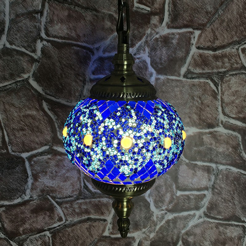 Oblate Stained Glass Ceiling Light Classic 1��Bulb Restaurant Hanging Pendant Light Dark Blue Clearhalo 'Ceiling Lights' 'Close To Ceiling Lights' 'Glass shade' 'Glass' 'Pendant Lights' 'Pendants' Lighting' 2236149