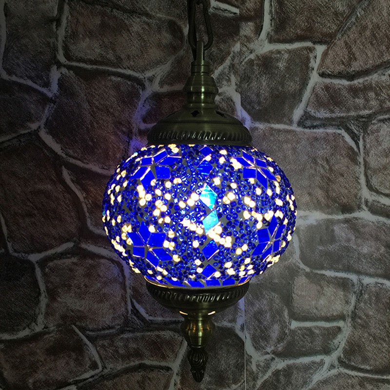 Oblate Stained Glass Ceiling Light Classic 1��Bulb Restaurant Hanging Pendant Light Royal Blue Clearhalo 'Ceiling Lights' 'Close To Ceiling Lights' 'Glass shade' 'Glass' 'Pendant Lights' 'Pendants' Lighting' 2236150