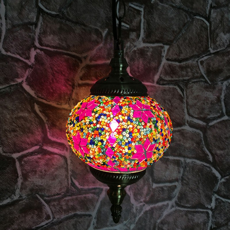 Oblate Stained Glass Ceiling Light Classic 1��Bulb Restaurant Hanging Pendant Light Pink Clearhalo 'Ceiling Lights' 'Close To Ceiling Lights' 'Glass shade' 'Glass' 'Pendant Lights' 'Pendants' Lighting' 2236151