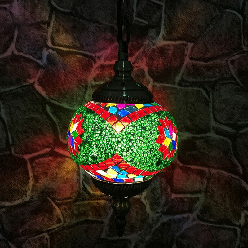 Oblate Stained Glass Ceiling Light Classic 1��Bulb Restaurant Hanging Pendant Light Green-Red Clearhalo 'Ceiling Lights' 'Close To Ceiling Lights' 'Glass shade' 'Glass' 'Pendant Lights' 'Pendants' Lighting' 2236154