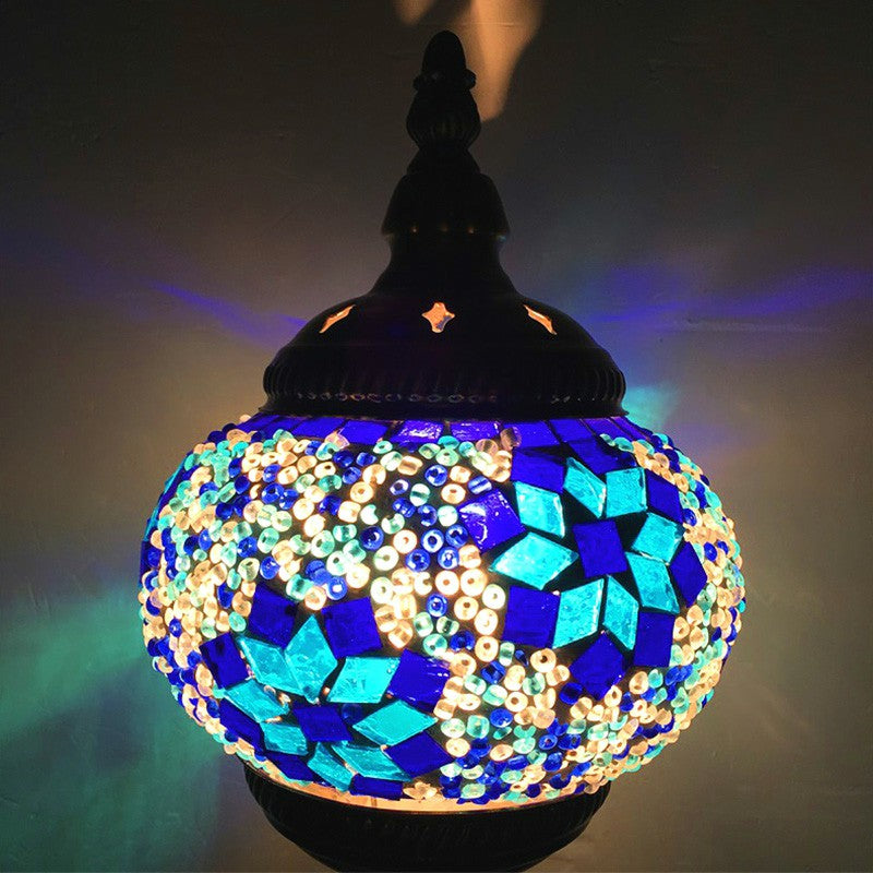 Stained Glass Oblate Pendant Light Vintage 1��Head Restaurant Suspension Light Fixture Blue Clearhalo 'Ceiling Lights' 'Glass shade' 'Glass' 'Pendant Lights' 'Pendants' Lighting' 2236176