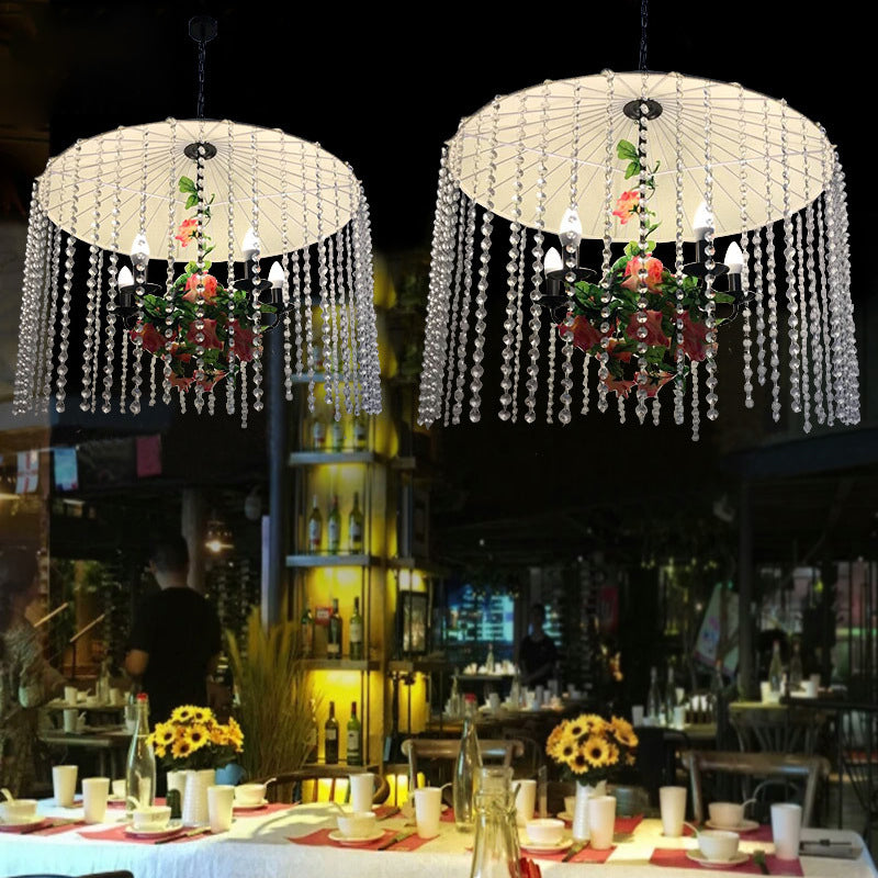 Umbrella Shade Ceiling Light Industrial Crystal Strand 5 Lights White Chandelier Light for Restaurant White Clearhalo 'Ceiling Lights' 'Chandeliers' 'Modern Chandeliers' 'Modern' Lighting' 223635