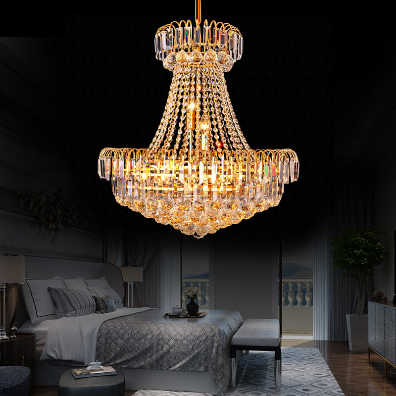 Mushroom Empire Chandelier Modern Crystal 8 Lights Gold Hanging Light for Bedroom, 16"/23.5" Wide Gold 23.5" Clearhalo 'Ceiling Lights' 'Chandeliers' 'Modern Chandeliers' 'Modern' Lighting' 223639