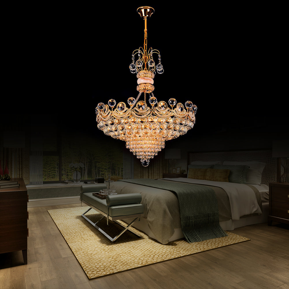 Basket Chandelier Light Contemporary Crystal Gold LED Hanging Light for Bedroom, 18"/23.5" Wide Clearhalo 'Ceiling Lights' 'Chandeliers' 'Modern Chandeliers' 'Modern' Lighting' 223652
