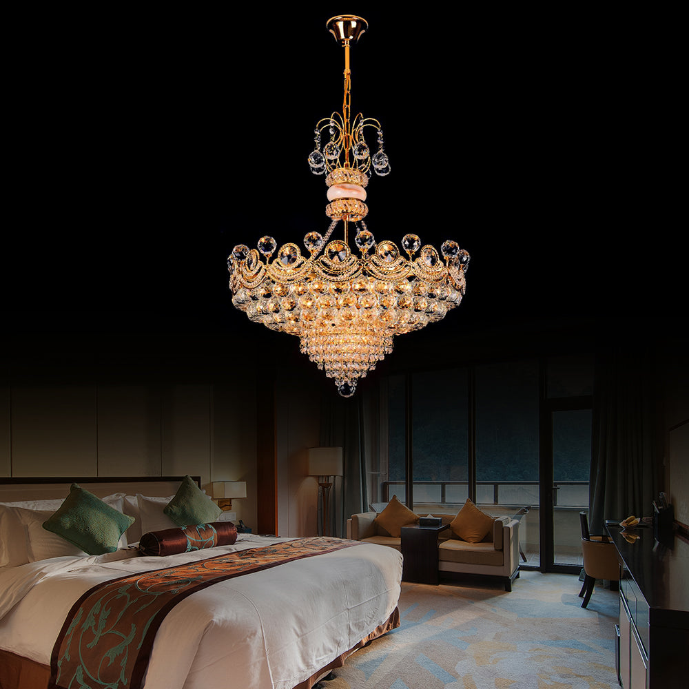 Basket Chandelier Light Contemporary Crystal Gold LED Hanging Light for Bedroom, 18"/23.5" Wide Clearhalo 'Ceiling Lights' 'Chandeliers' 'Modern Chandeliers' 'Modern' Lighting' 223654