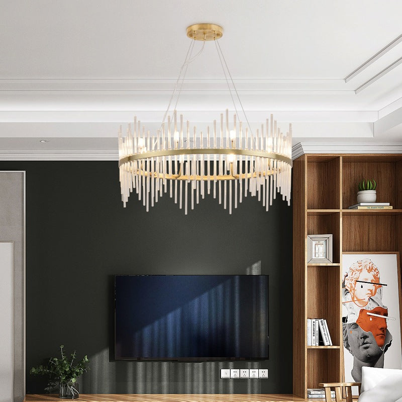 Round Chandelier Pendant Light Modern Crystal Rod 6/8 Lights Brass Hanging Light Kit for Living Room 8 Brass Clearhalo 'Ceiling Lights' 'Chandeliers' 'Modern Chandeliers' 'Modern' Lighting' 223672