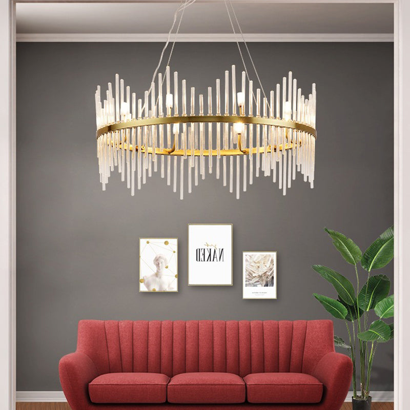 Round Chandelier Pendant Light Modern Crystal Rod 6/8 Lights Brass Hanging Light Kit for Living Room Clearhalo 'Ceiling Lights' 'Chandeliers' 'Modern Chandeliers' 'Modern' Lighting' 223673