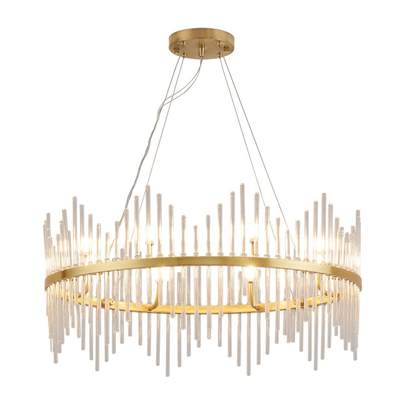 Round Chandelier Pendant Light Modern Crystal Rod 6/8 Lights Brass Hanging Light Kit for Living Room Clearhalo 'Ceiling Lights' 'Chandeliers' 'Modern Chandeliers' 'Modern' Lighting' 223674