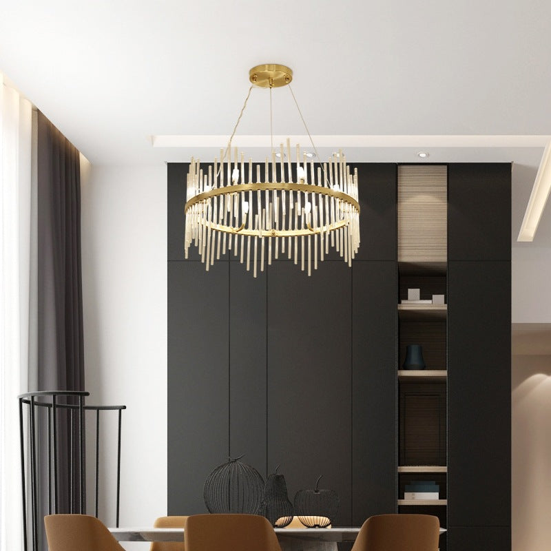 Round Chandelier Pendant Light Modern Crystal Rod 6/8 Lights Brass Hanging Light Kit for Living Room Clearhalo 'Ceiling Lights' 'Chandeliers' 'Modern Chandeliers' 'Modern' Lighting' 223677