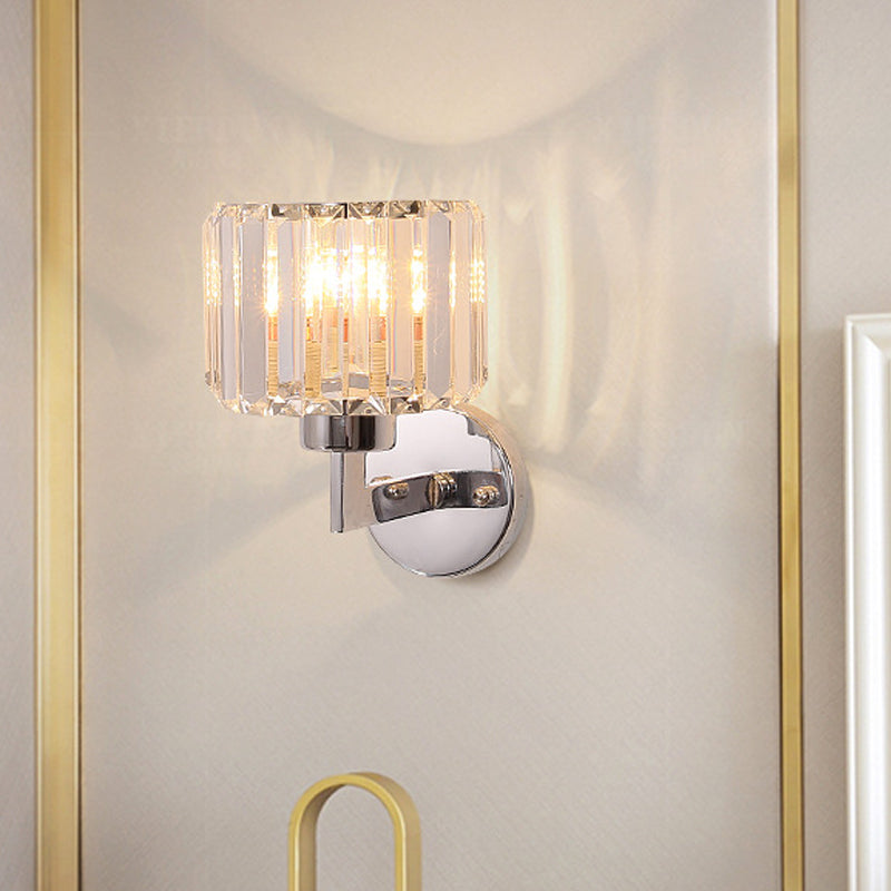 1 Light Hallway Wall Sconce Light Modern Chrome Wall Mount Light with Cylinder/Square Tri-Sided Crystal Rod Shade Clearhalo 'Modern wall lights' 'Modern' 'Wall Lamps & Sconces' 'Wall Lights' Lighting' 223685