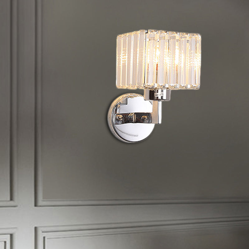 1 Light Hallway Wall Sconce Light Modern Chrome Wall Mount Light with Cylinder/Square Tri-Sided Crystal Rod Shade Chrome Square Clearhalo 'Modern wall lights' 'Modern' 'Wall Lamps & Sconces' 'Wall Lights' Lighting' 223688