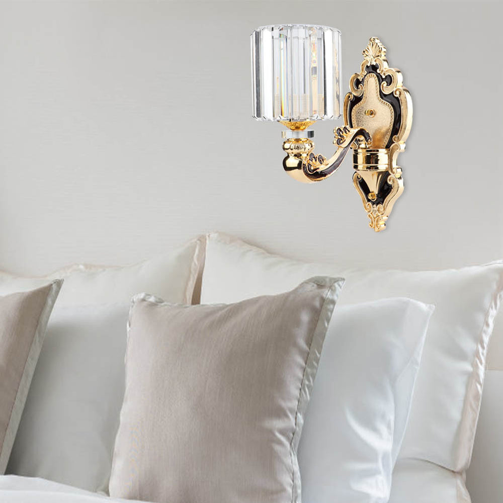 Rectangular-Cut Crystal Cylinder Sconce Light Contemporary 1 Light Bedroom Wall Mount Light in Gold Gold Clearhalo 'Modern wall lights' 'Modern' 'Wall Lamps & Sconces' 'Wall Lights' Lighting' 223701