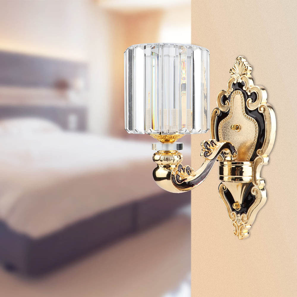 Rectangular-Cut Crystal Cylinder Sconce Light Contemporary 1 Light Bedroom Wall Mount Light in Gold Clearhalo 'Modern wall lights' 'Modern' 'Wall Lamps & Sconces' 'Wall Lights' Lighting' 223702