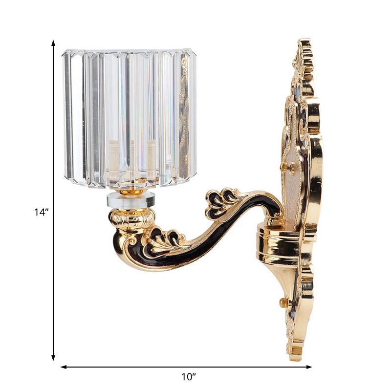 Rectangular-Cut Crystal Cylinder Sconce Light Contemporary 1 Light Bedroom Wall Mount Light in Gold Clearhalo 'Modern wall lights' 'Modern' 'Wall Lamps & Sconces' 'Wall Lights' Lighting' 223704