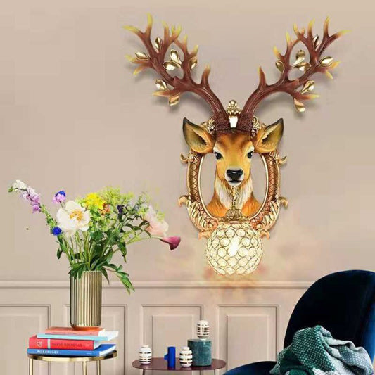 Brown Globe Wall Light Vintage 1 Light Crystal and Metal Sconce Light with Deer Backplate Brown Clearhalo 'Modern wall lights' 'Modern' 'Wall Lamps & Sconces' 'Wall Lights' Lighting' 223706