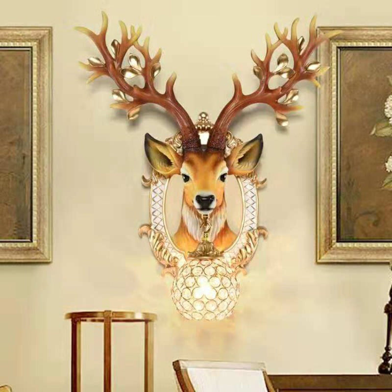 Brown Globe Wall Light Vintage 1 Light Crystal and Metal Sconce Light with Deer Backplate Clearhalo 'Modern wall lights' 'Modern' 'Wall Lamps & Sconces' 'Wall Lights' Lighting' 223707