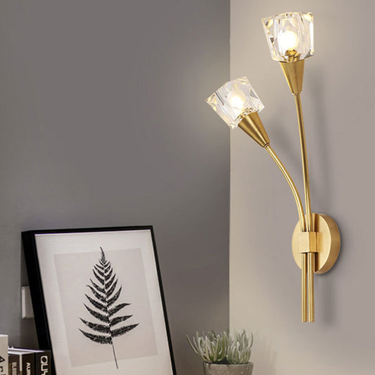 Faceted Crystal Bud Wall Mount Light Contemporary 2 Lights Brass Sconce Light for Bedroom Clearhalo 'Cast Iron' 'Glass' 'Industrial' 'Modern wall lights' 'Modern' 'Tiffany' 'Traditional wall lights' 'Wall Lamps & Sconces' 'Wall Lights' Lighting' 223711