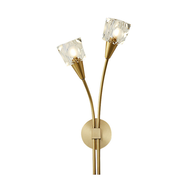 Faceted Crystal Bud Wall Mount Light Contemporary 2 Lights Brass Sconce Light for Bedroom Clearhalo 'Cast Iron' 'Glass' 'Industrial' 'Modern wall lights' 'Modern' 'Tiffany' 'Traditional wall lights' 'Wall Lamps & Sconces' 'Wall Lights' Lighting' 223712