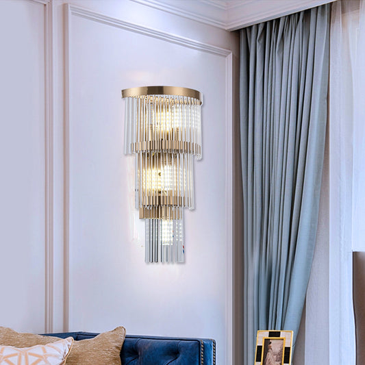 Tiered Sconce Light Modern Crystal Rod 2/3 Lights Gold Wall Mounted Light for Dining Room 3.0 Gold Clearhalo 'Modern wall lights' 'Modern' 'Wall Lamps & Sconces' 'Wall Lights' Lighting' 223714