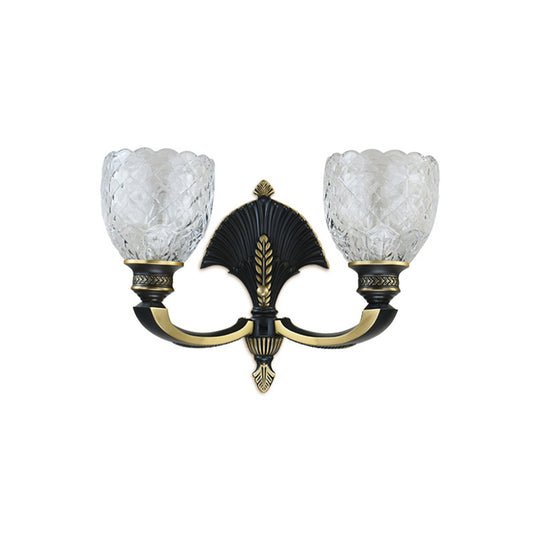 1/2-Light Wall Light Fixture Vintage Dome Clear Glass Wall Sconce with Curved Arm in Brass for Study Clearhalo 'Wall Lamps & Sconces' 'Wall Lights' Lighting' 223724