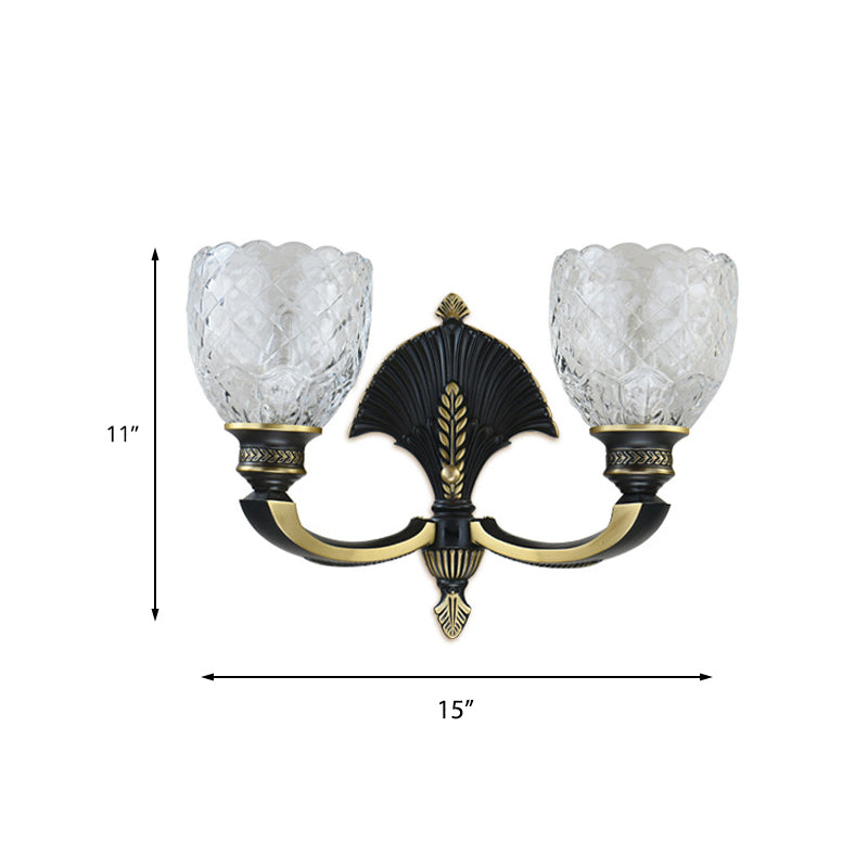 1/2-Light Wall Light Fixture Vintage Dome Clear Glass Wall Sconce with Curved Arm in Brass for Study Clearhalo 'Wall Lamps & Sconces' 'Wall Lights' Lighting' 223725