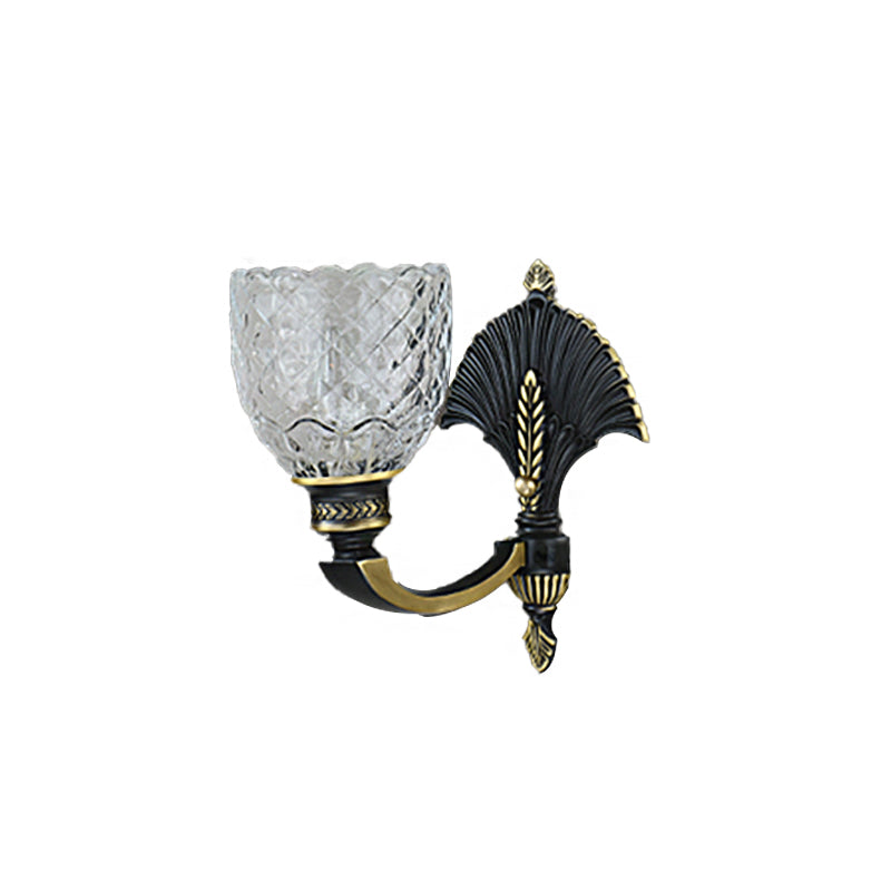 1/2-Light Wall Light Fixture Vintage Dome Clear Glass Wall Sconce with Curved Arm in Brass for Study Clearhalo 'Wall Lamps & Sconces' 'Wall Lights' Lighting' 223729