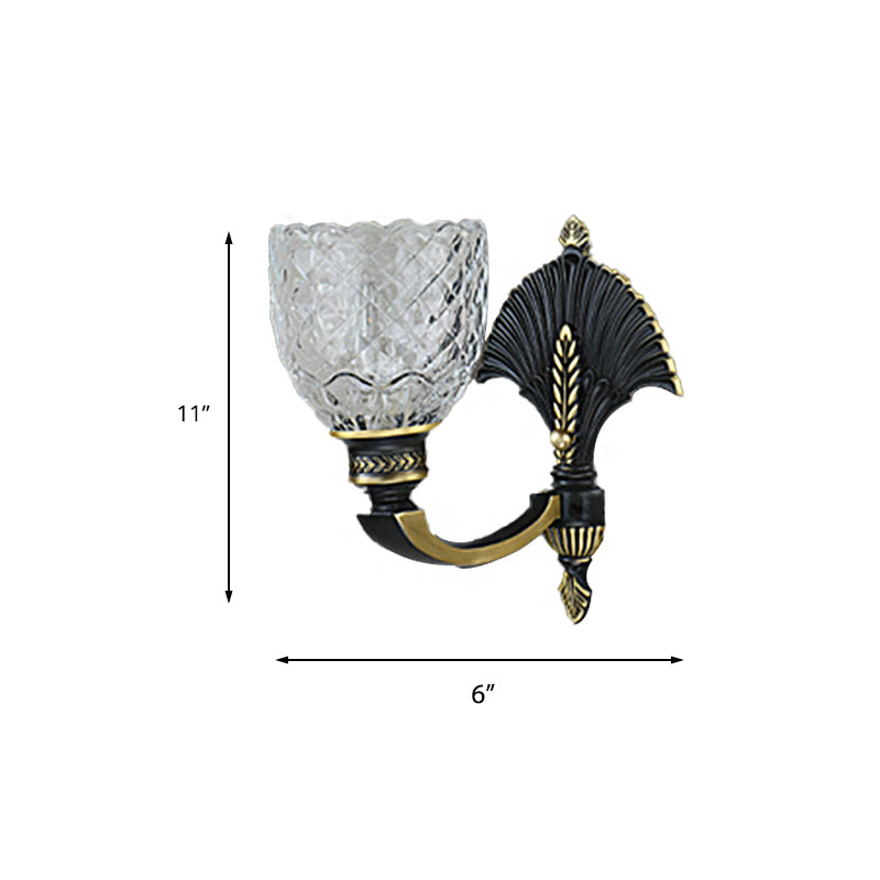 1/2-Light Wall Light Fixture Vintage Dome Clear Glass Wall Sconce with Curved Arm in Brass for Study Clearhalo 'Wall Lamps & Sconces' 'Wall Lights' Lighting' 223730