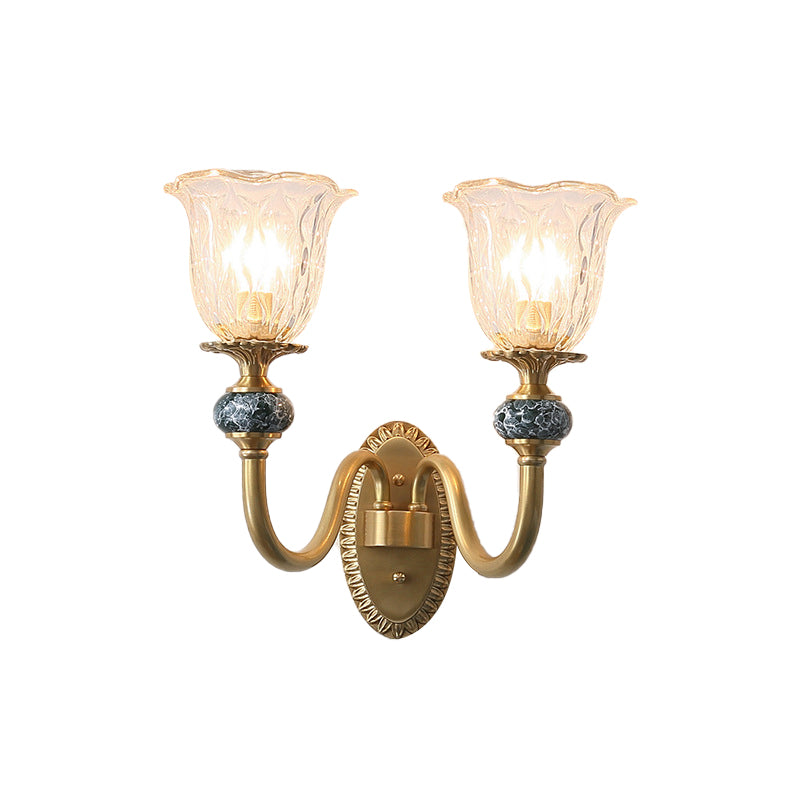 Floral Bedroom Sconce Light Fixture Antique Clear Glass 1/2 Lights Gold Wall Lamp with Arched Arm Clearhalo 'Wall Lamps & Sconces' 'Wall Lights' Lighting' 223767