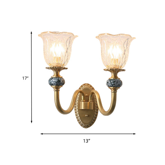 Floral Bedroom Sconce Light Fixture Antique Clear Glass 1/2 Lights Gold Wall Lamp with Arched Arm Clearhalo 'Wall Lamps & Sconces' 'Wall Lights' Lighting' 223768