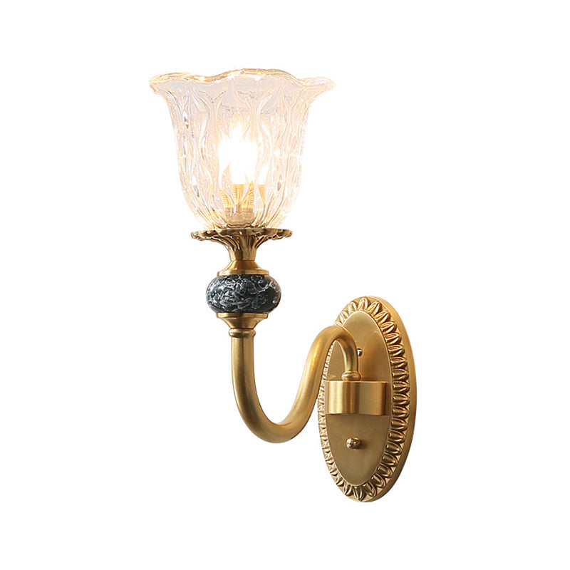 Floral Bedroom Sconce Light Fixture Antique Clear Glass 1/2 Lights Gold Wall Lamp with Arched Arm Clearhalo 'Wall Lamps & Sconces' 'Wall Lights' Lighting' 223771